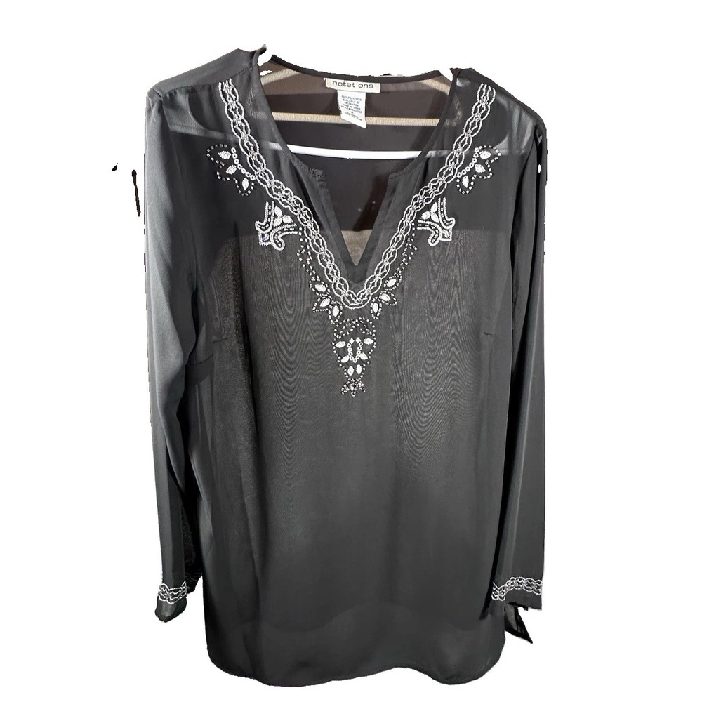 Notations Woman Black Sheer  V neck Tunic Top Medium Embroidery Beads Sequins